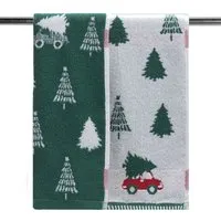 Christmas Tree on Car Hand Towel - Green and White, Cotton