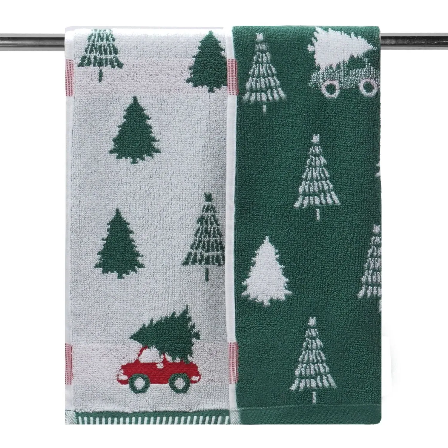 Christmas Tree on Car Hand Towel - Green and White, Cotton image