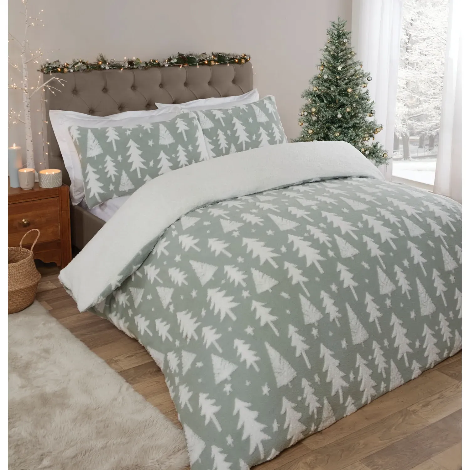Christmas Tree Single Fleece Duvet Cover Set - Sage
