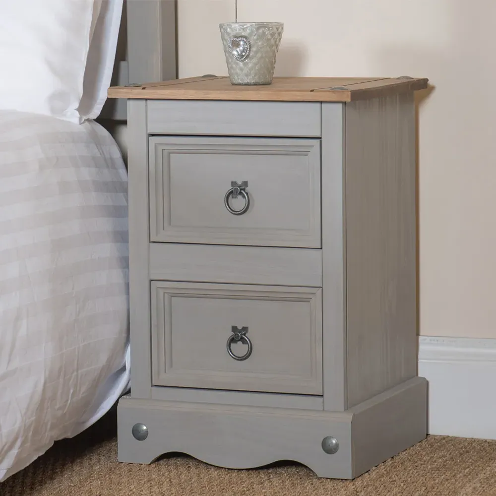 Corona 2 Drawer Petite Bedside Table - Grey, Pine