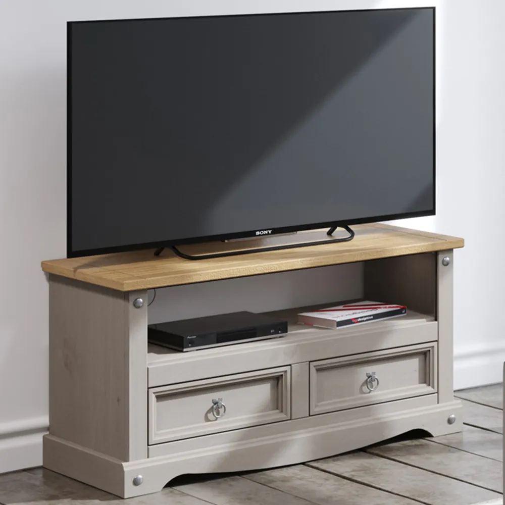Corona 2 Drawer TV Unit with Shelf - Grey, Pine