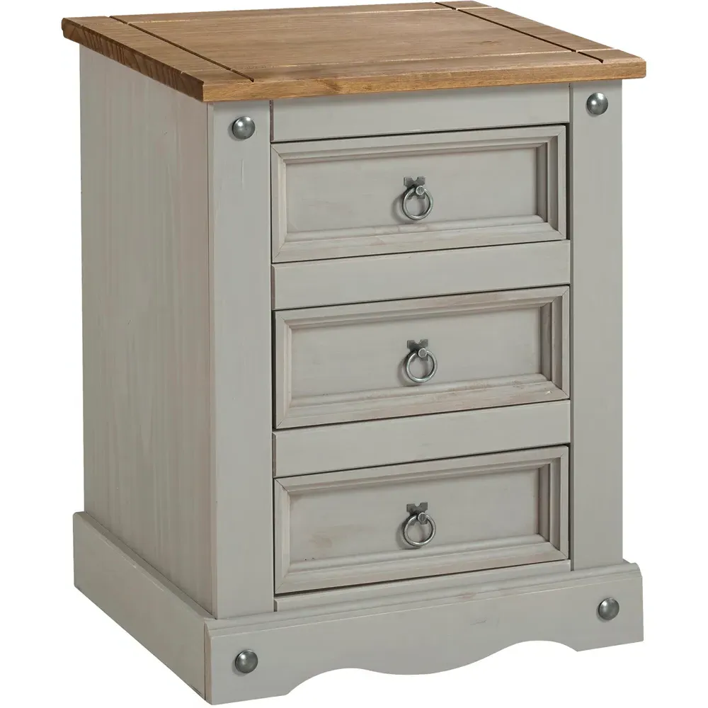 Corona 3 Drawer Bedside Table - Grey, Pine