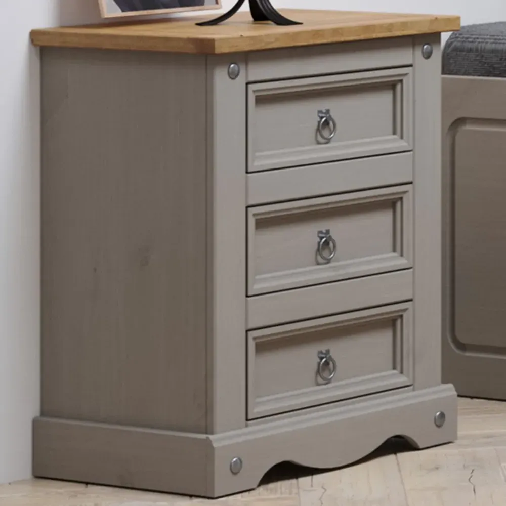 Corona 3 Drawer Bedside Table - Grey, Pine