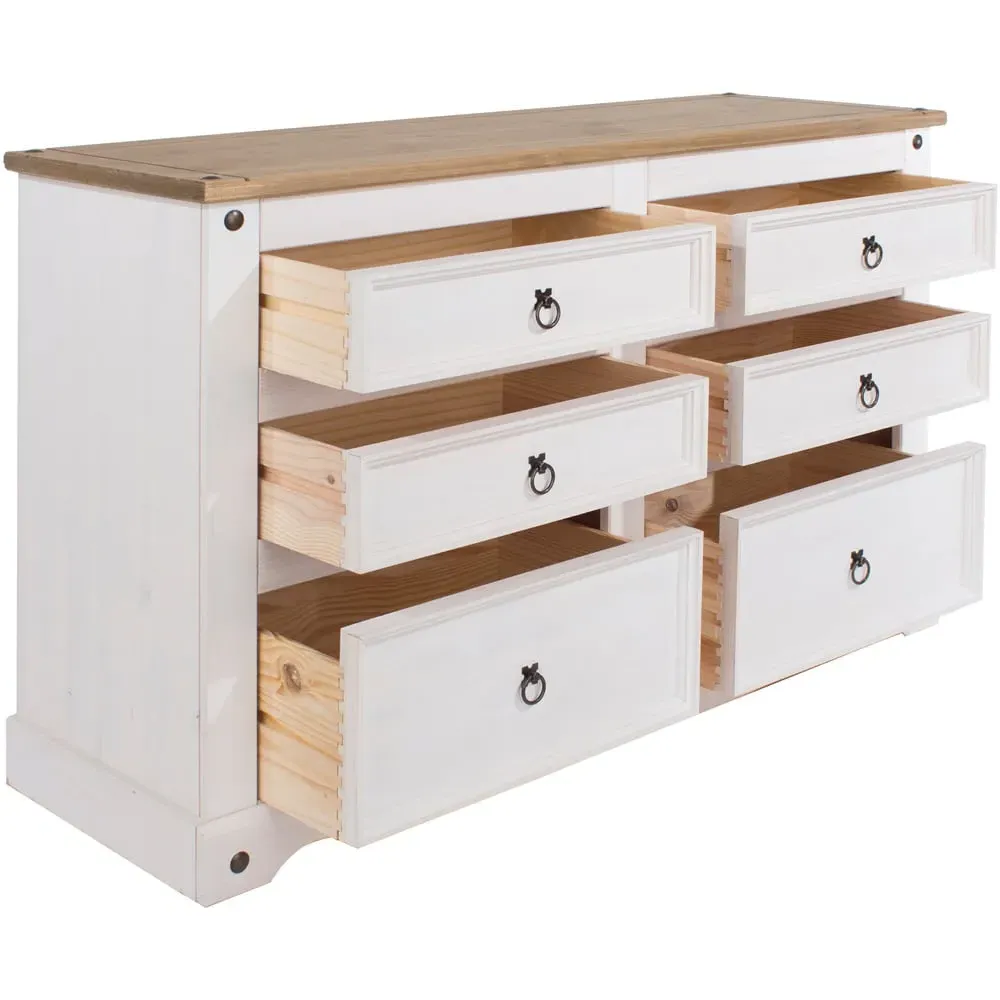 Corona 6 Drawer Wide Chest of Drawers - White, Pine