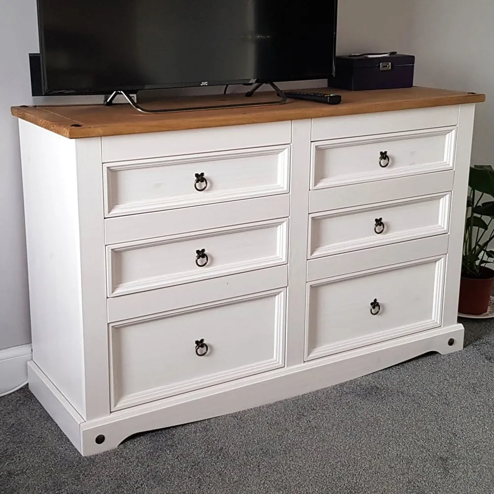 Corona 6 Drawer Wide Chest of Drawers - White, Pine