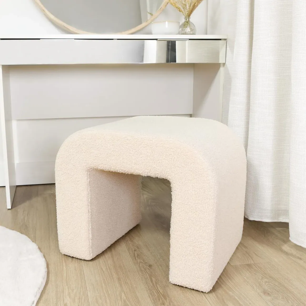 Curved Footstool - Neutral, Boucle