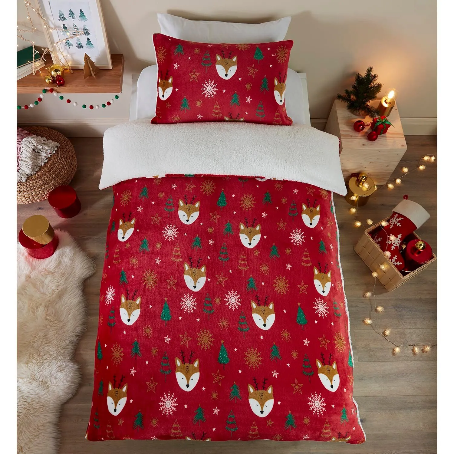 Cute Reindeer Fleece Duvet Cover and Pillowcase Set