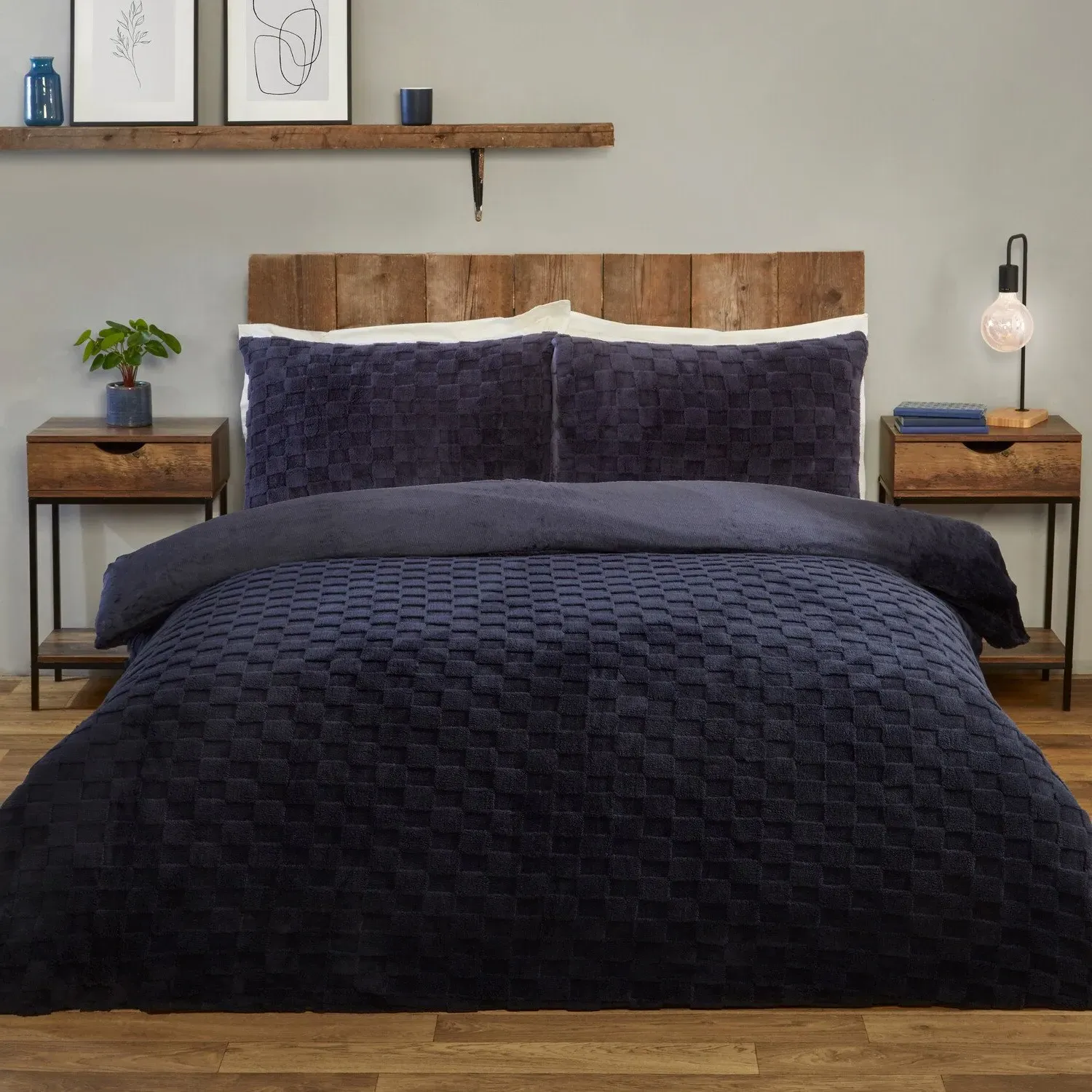 Dakota Checkerboard Double Duvet Set - Navy, Fleece