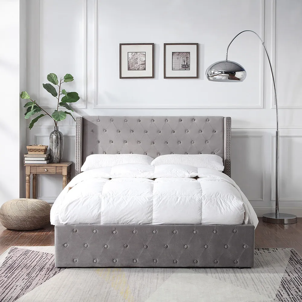 Darcy Double Ottoman Bed with Storage - Grey, Velvet