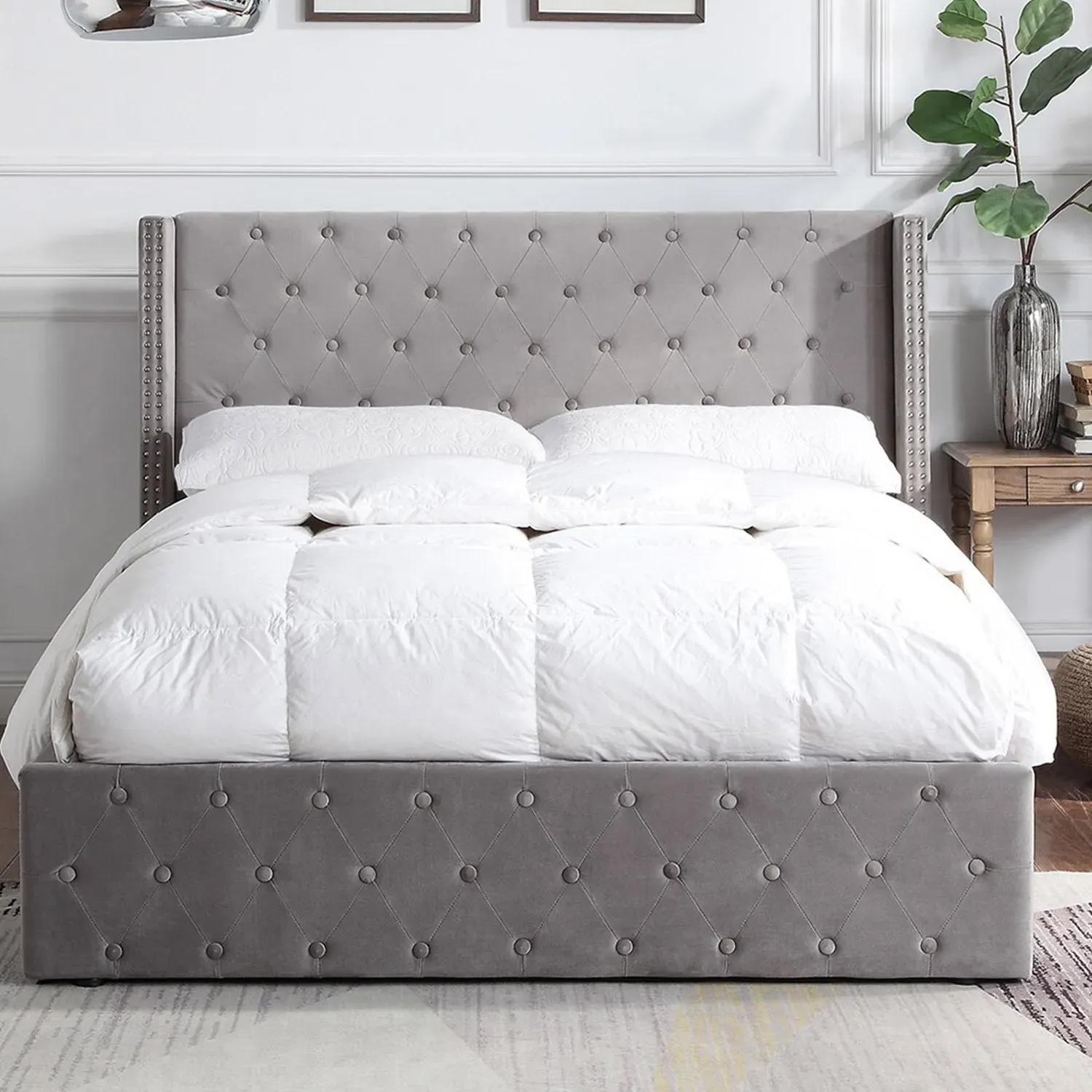 Darcy Double Ottoman Bed with Storage - Grey, Velvet