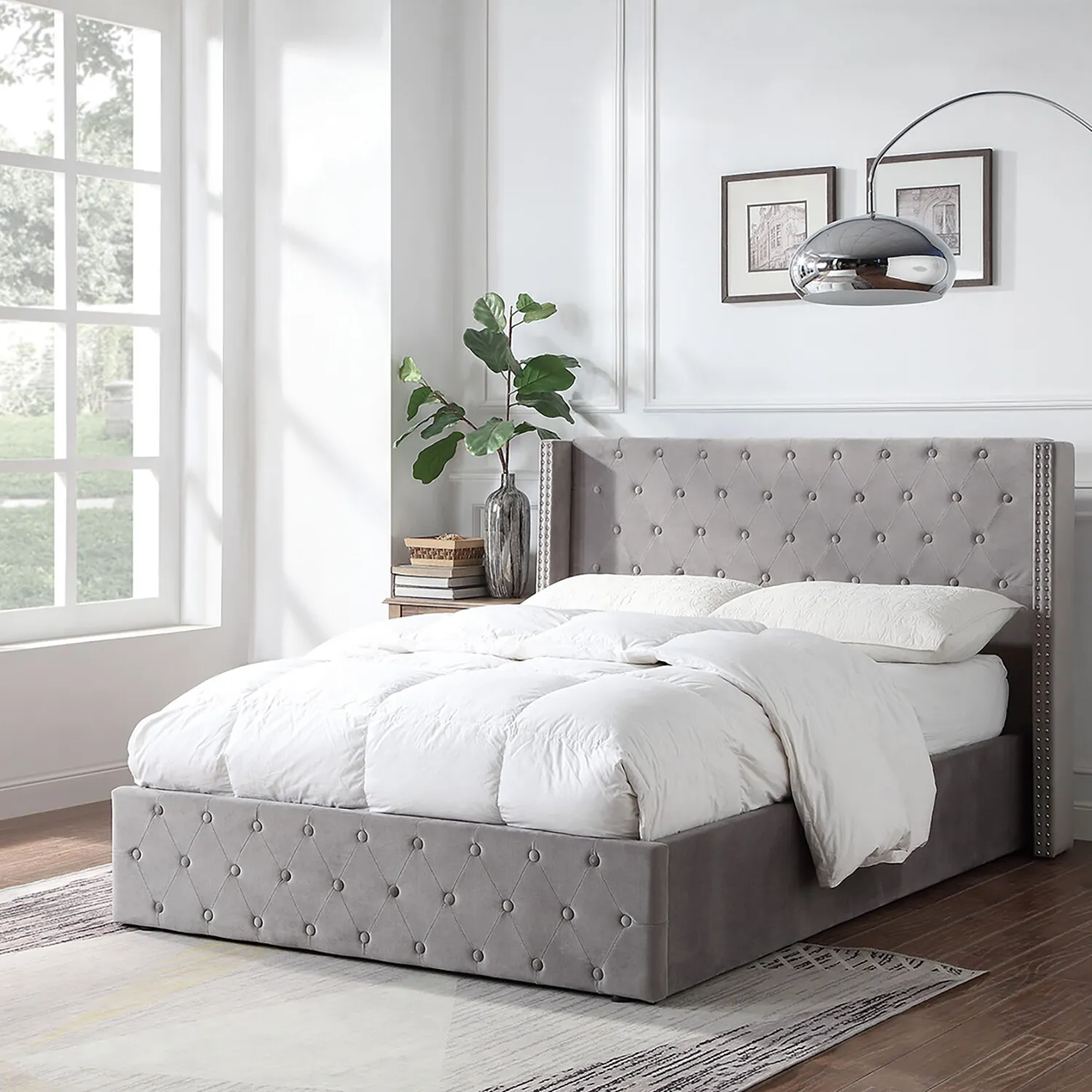Darcy King Size Ottoman Bed with Storage - Grey, Velvet