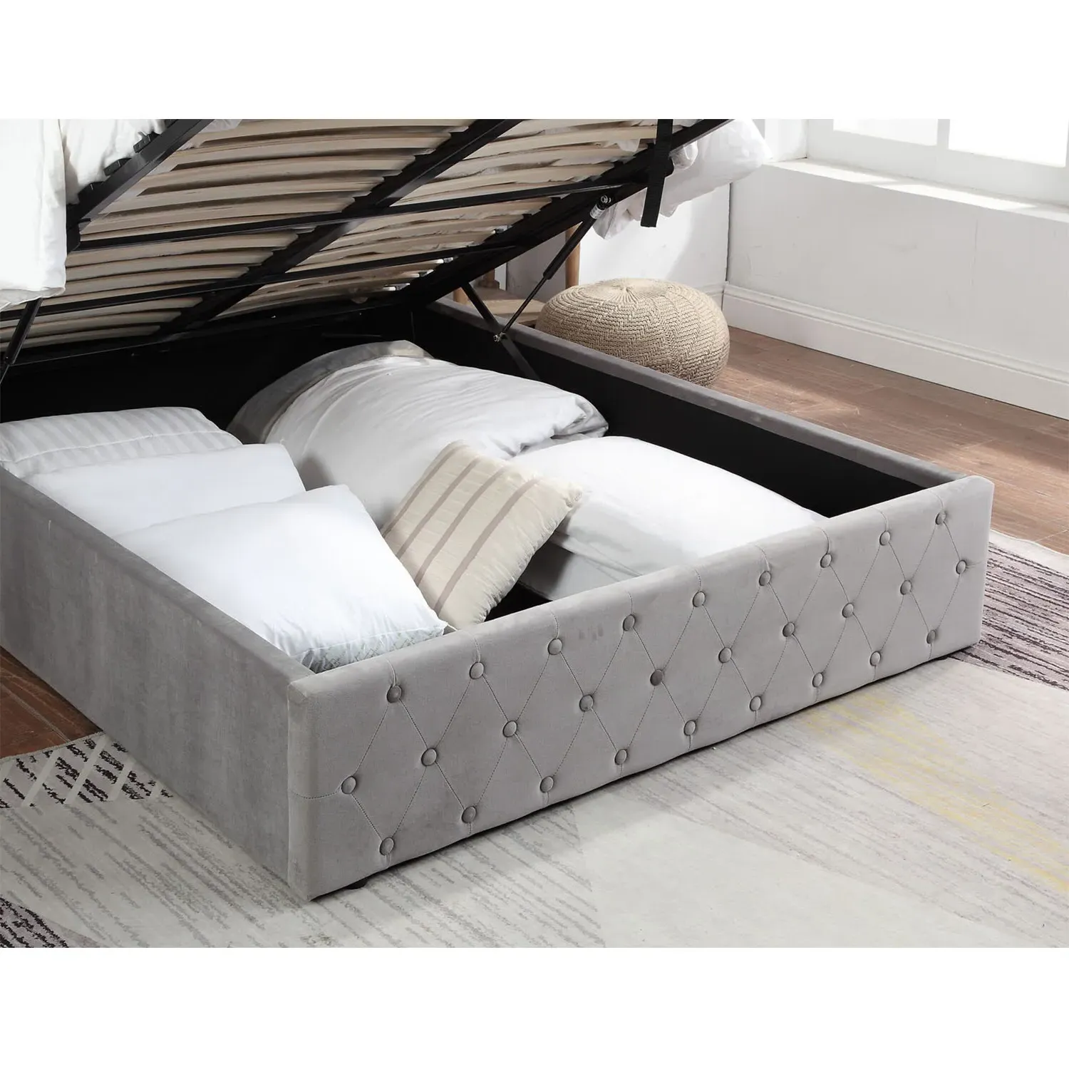 Darcy King Size Ottoman Bed with Storage - Grey, Velvet