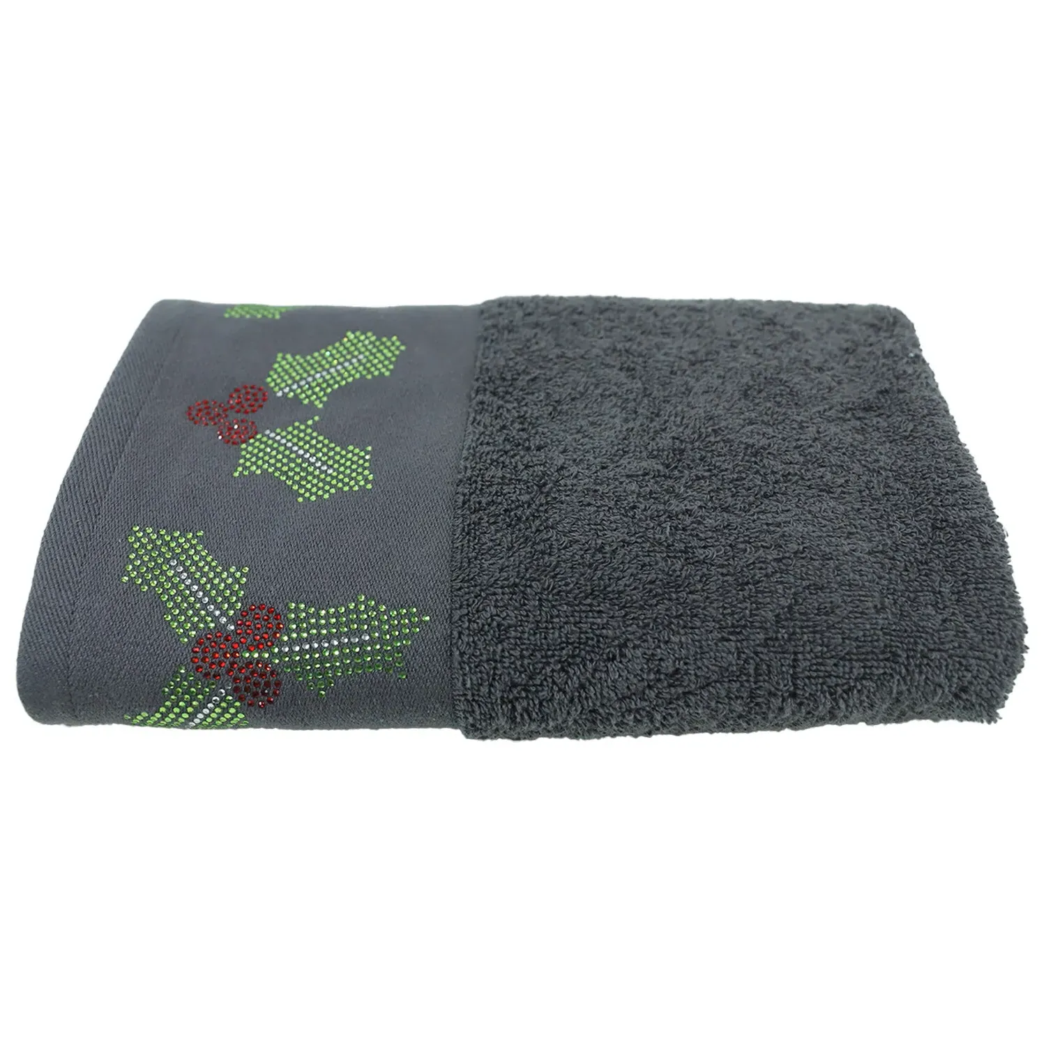 Diamante Holly Leaves Hand Towel - Charcoal image