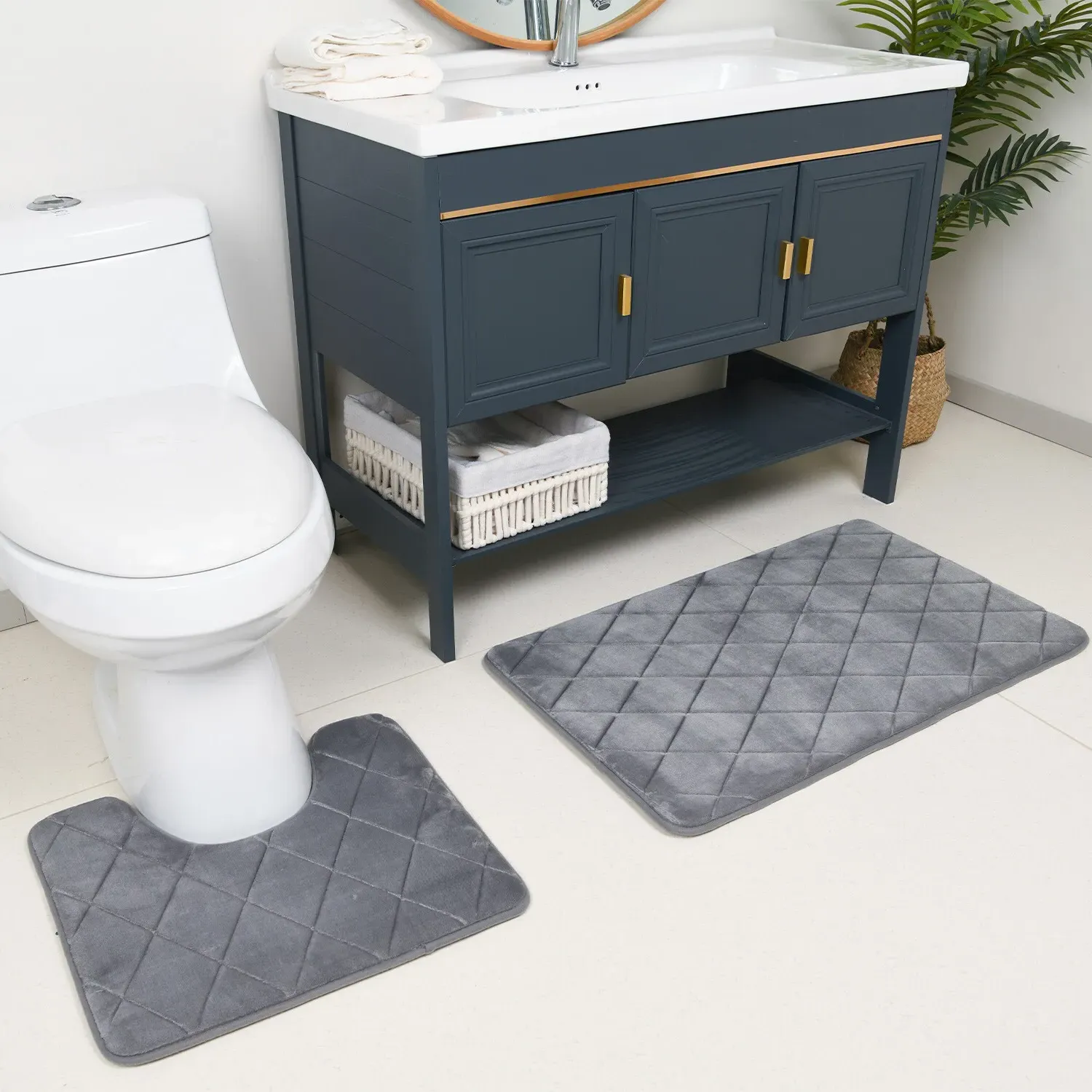Diamond Bath and Pedestal Mat Set - Grey