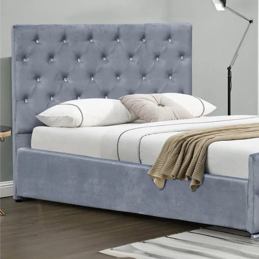 Double Chesterfield Bed Frame with Diamante - Grey, Velvet