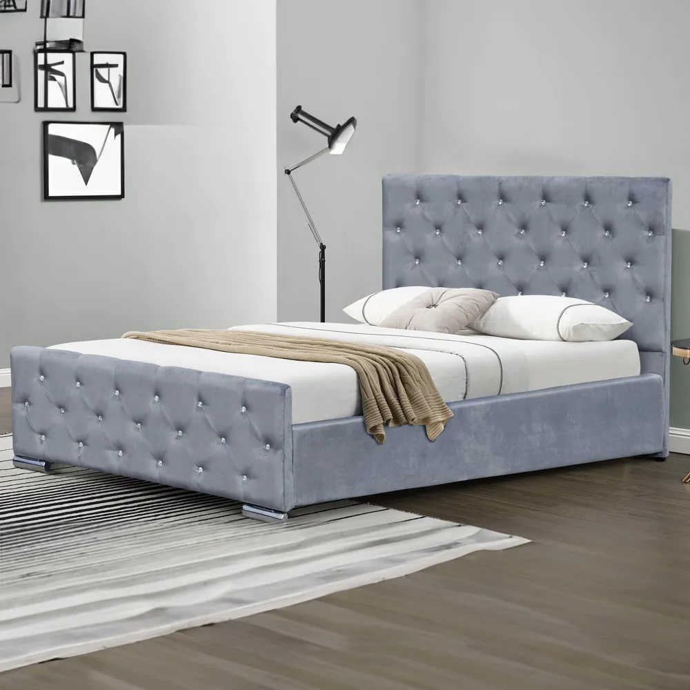 Double Chesterfield Bed Frame with Diamante - Grey, Velvet