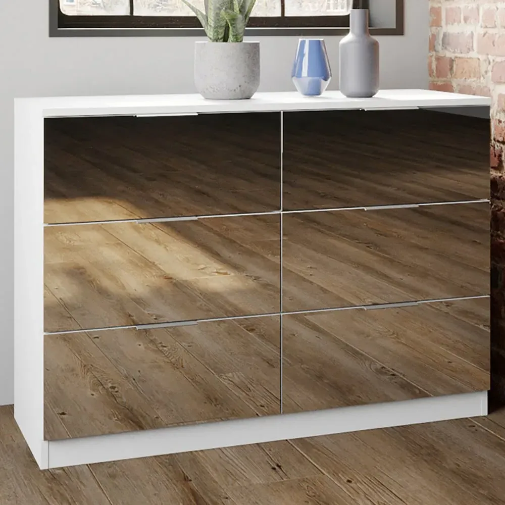 Echo 6 Drawer Wide Mirrored Chest of Drawers - White