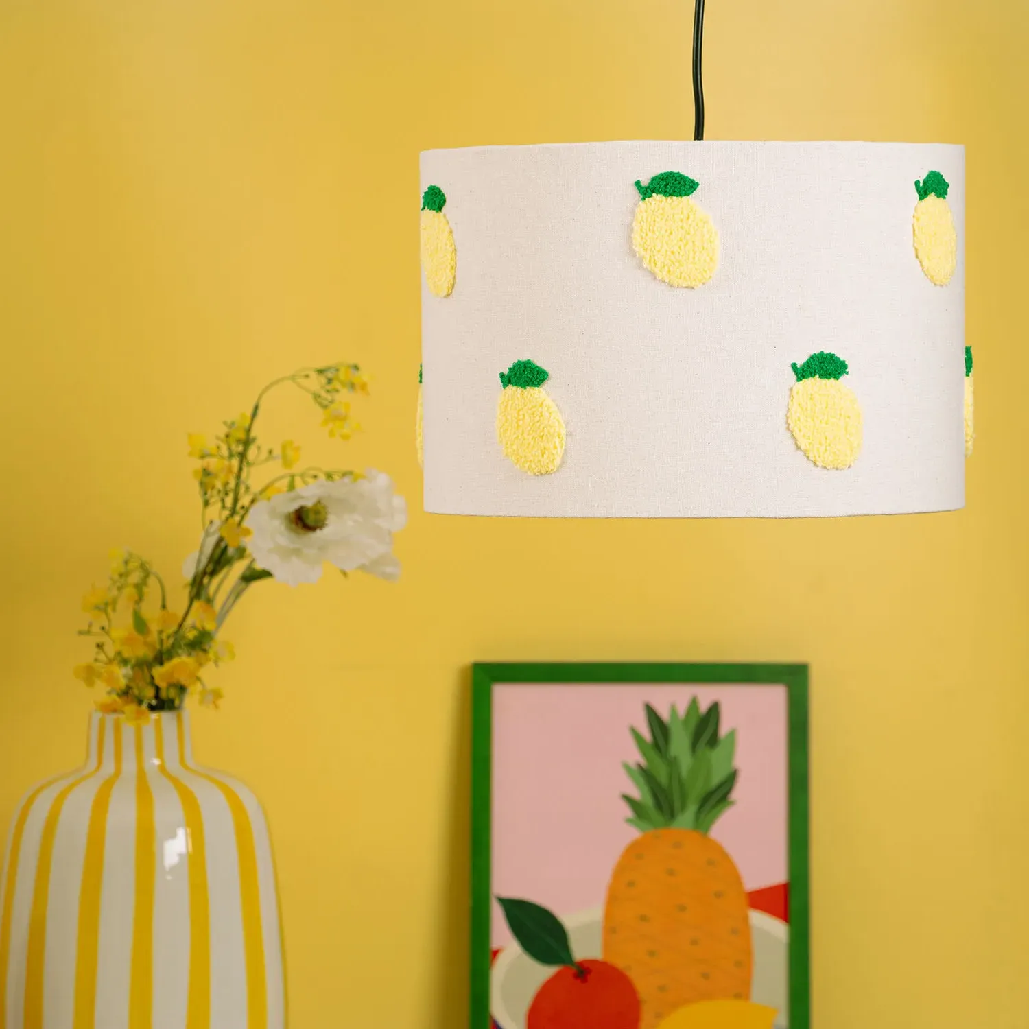 Embroidered Lemon Lamp Shade - Yellow, White
