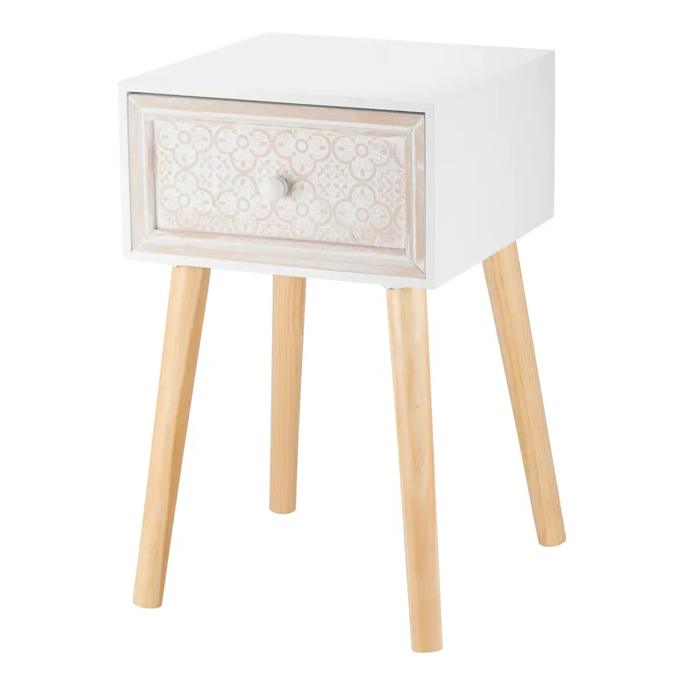 Floral Patterned Single Drawer Side Table - White
