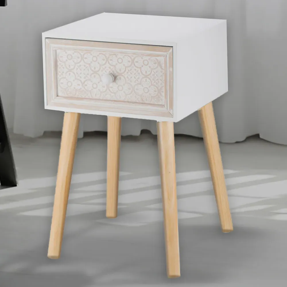 Floral Patterned Single Drawer Side Table - White image