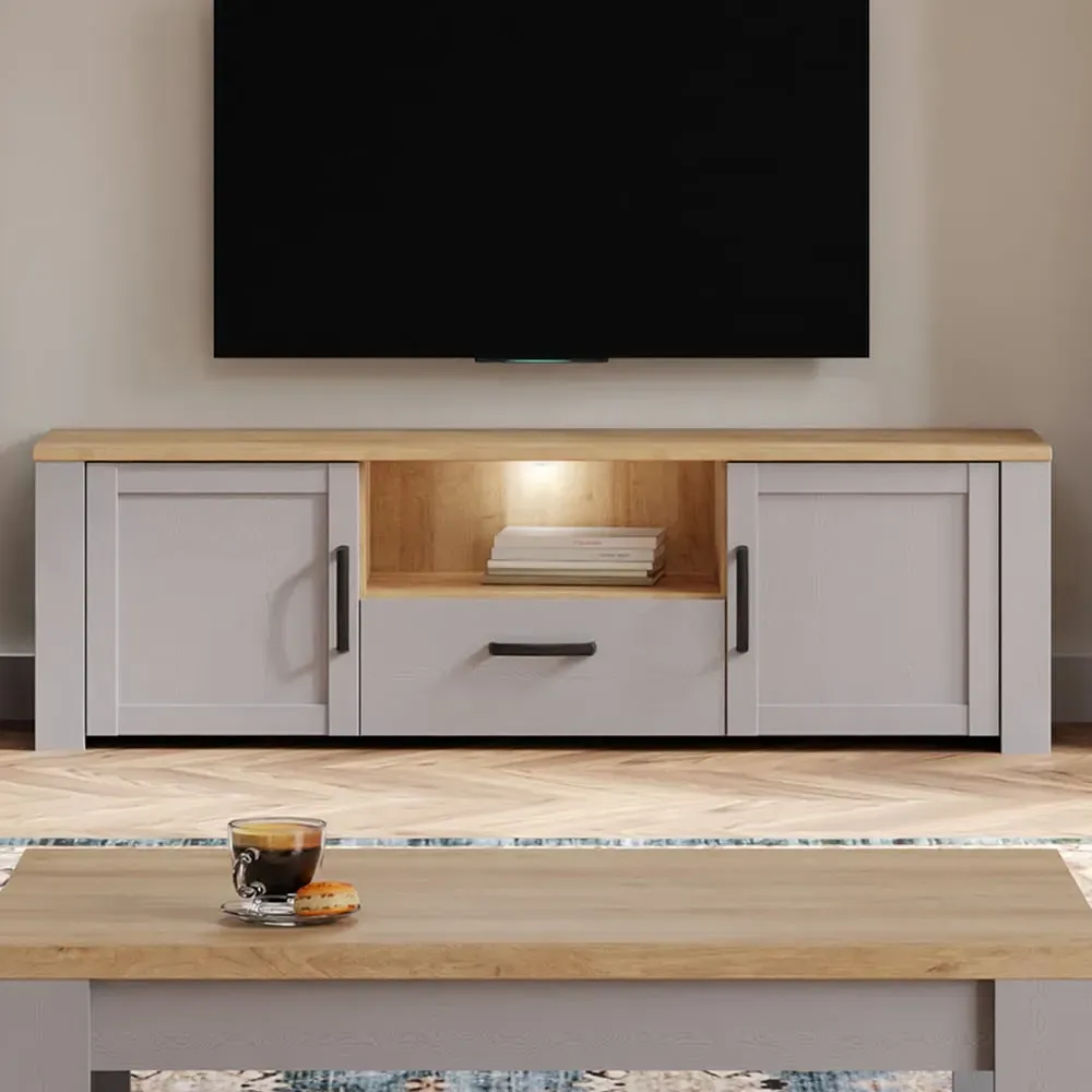 Florence Bohol 2 Door TV Unit with Drawer - Grey, Riviera Oak image