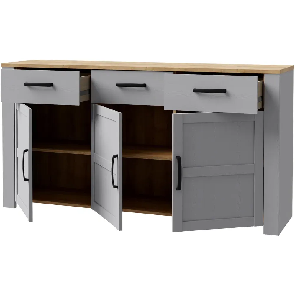 Florence Bohol 3 Door 3 Drawer Sideboard - Grey, Riviera Oak