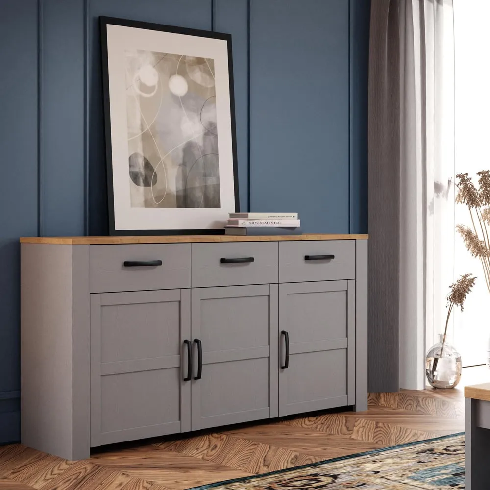 Florence Bohol 3 Door 3 Drawer Sideboard - Grey, Riviera Oak
