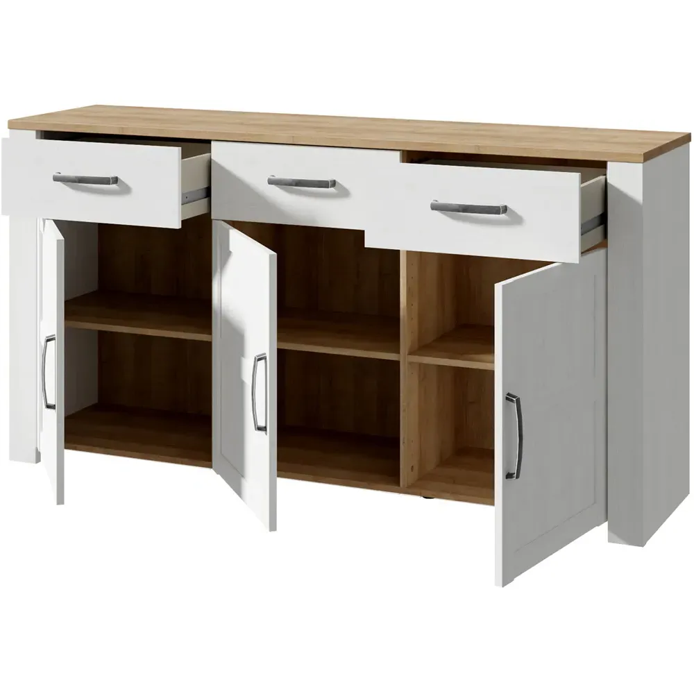Florence Bohol 3 Door 3 Drawer Sideboard - White, Riviera Oak