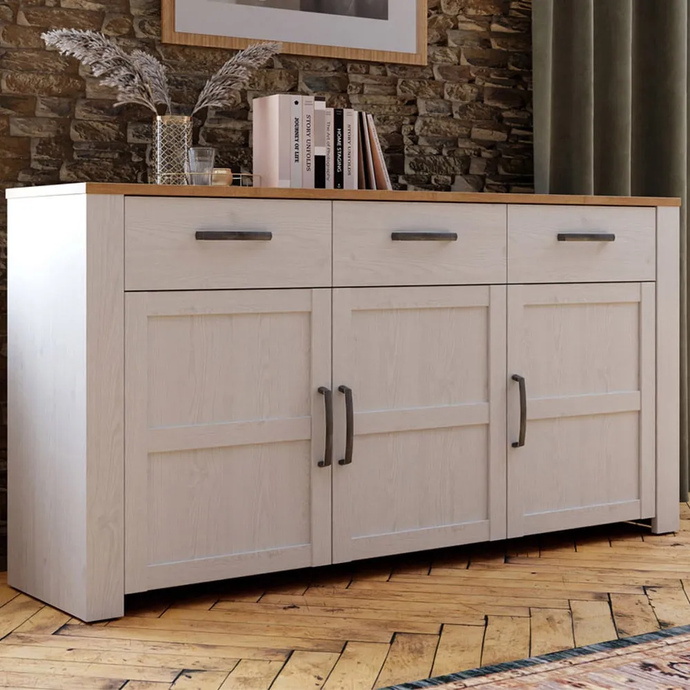 Florence Bohol 3 Door 3 Drawer Sideboard - White, Riviera Oak