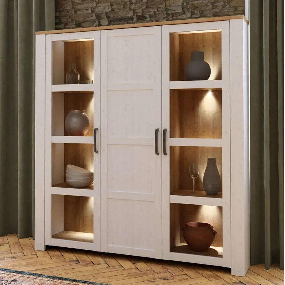 Florence Bohol 3 Door Display Cabinet - White, Riviera Oak