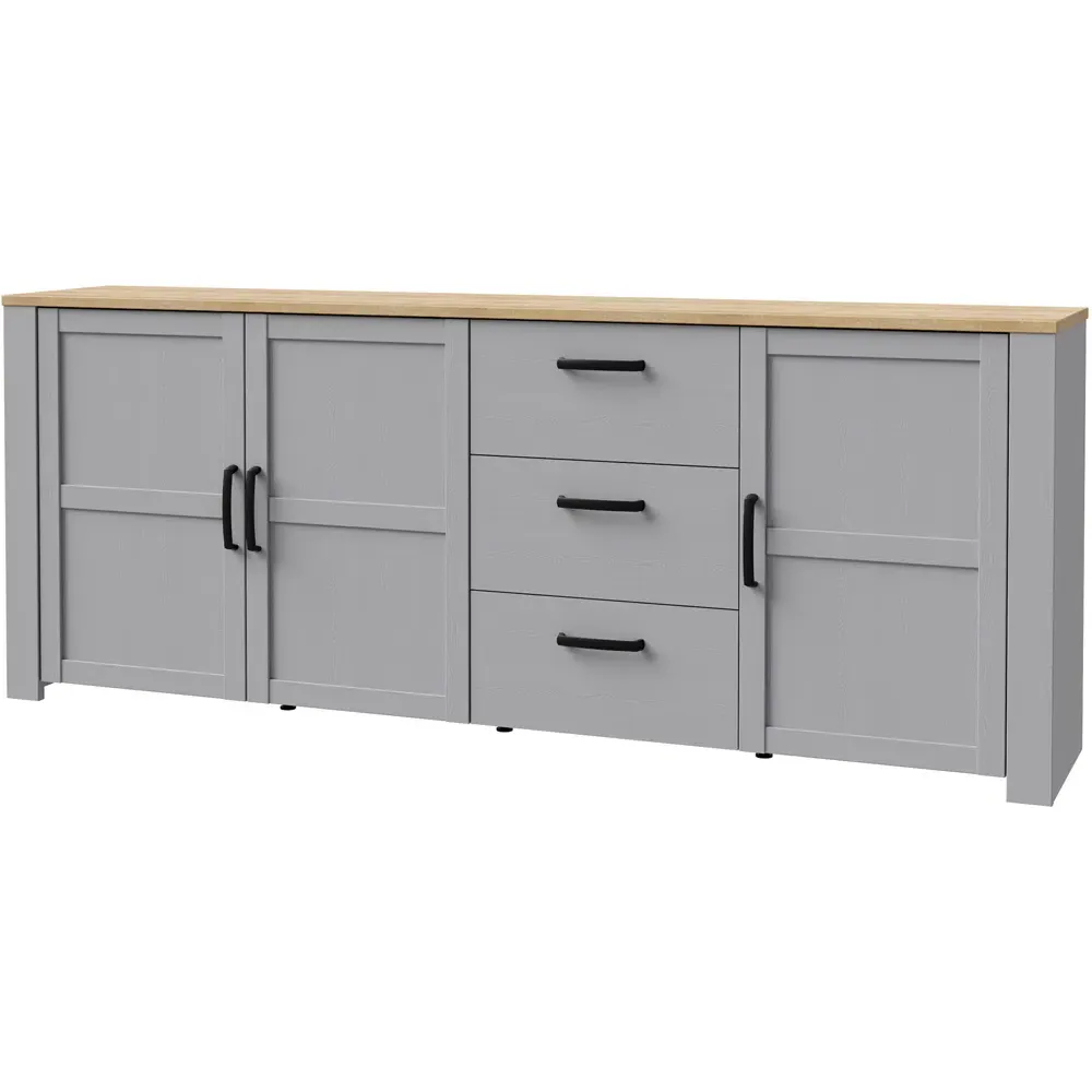 Florence Bohol Large 3 Door 3 Drawer Sideboard - Grey, Riviera Oak