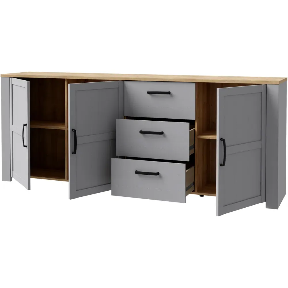 Florence Bohol Large 3 Door 3 Drawer Sideboard - Grey, Riviera Oak