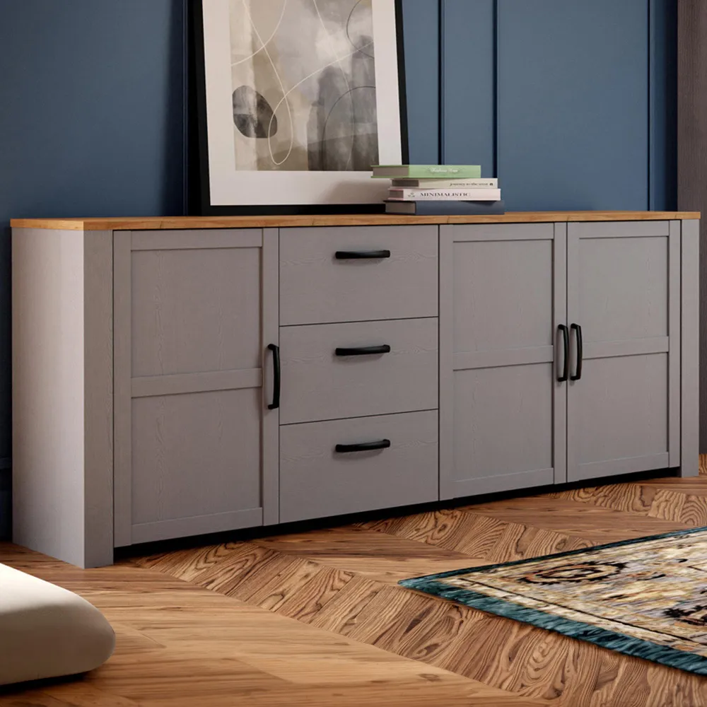 Florence Bohol Large 3 Door 3 Drawer Sideboard - Grey, Riviera Oak