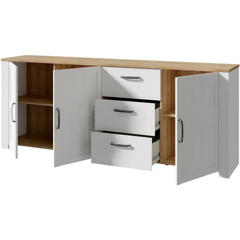 Florence Bohol Large 3 Door 3 Drawer Sideboard - White, Riviera Oak