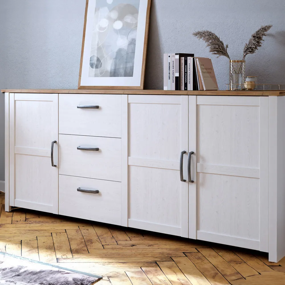 Florence Bohol Large 3 Door 3 Drawer Sideboard - White, Riviera Oak