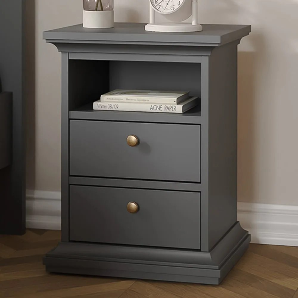 Florence Paris 2 Drawer Bedside Table - Grey
