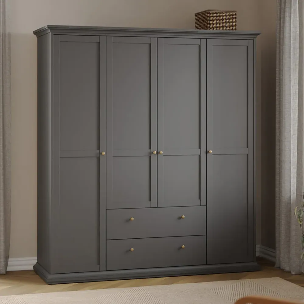 Florence Paris 4 Door 2 Drawer Wardrobe - Grey