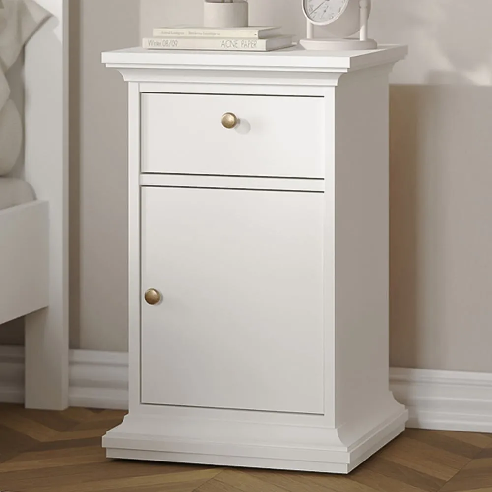 Florence Paris Single Door Single Drawer Bedside Table - White