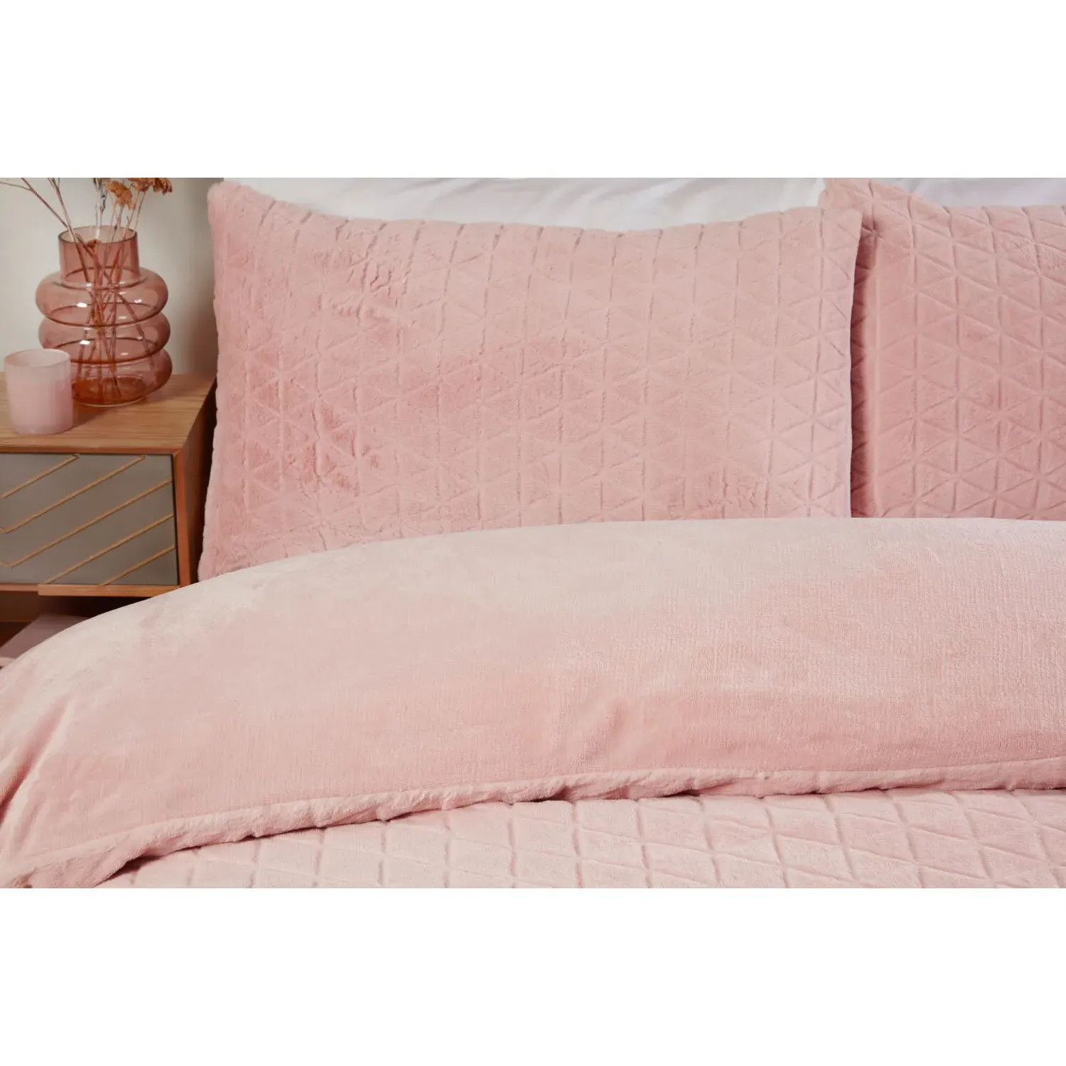 Geo Faux Fur Double Duvet Cover and Pillowcase Set - Blush