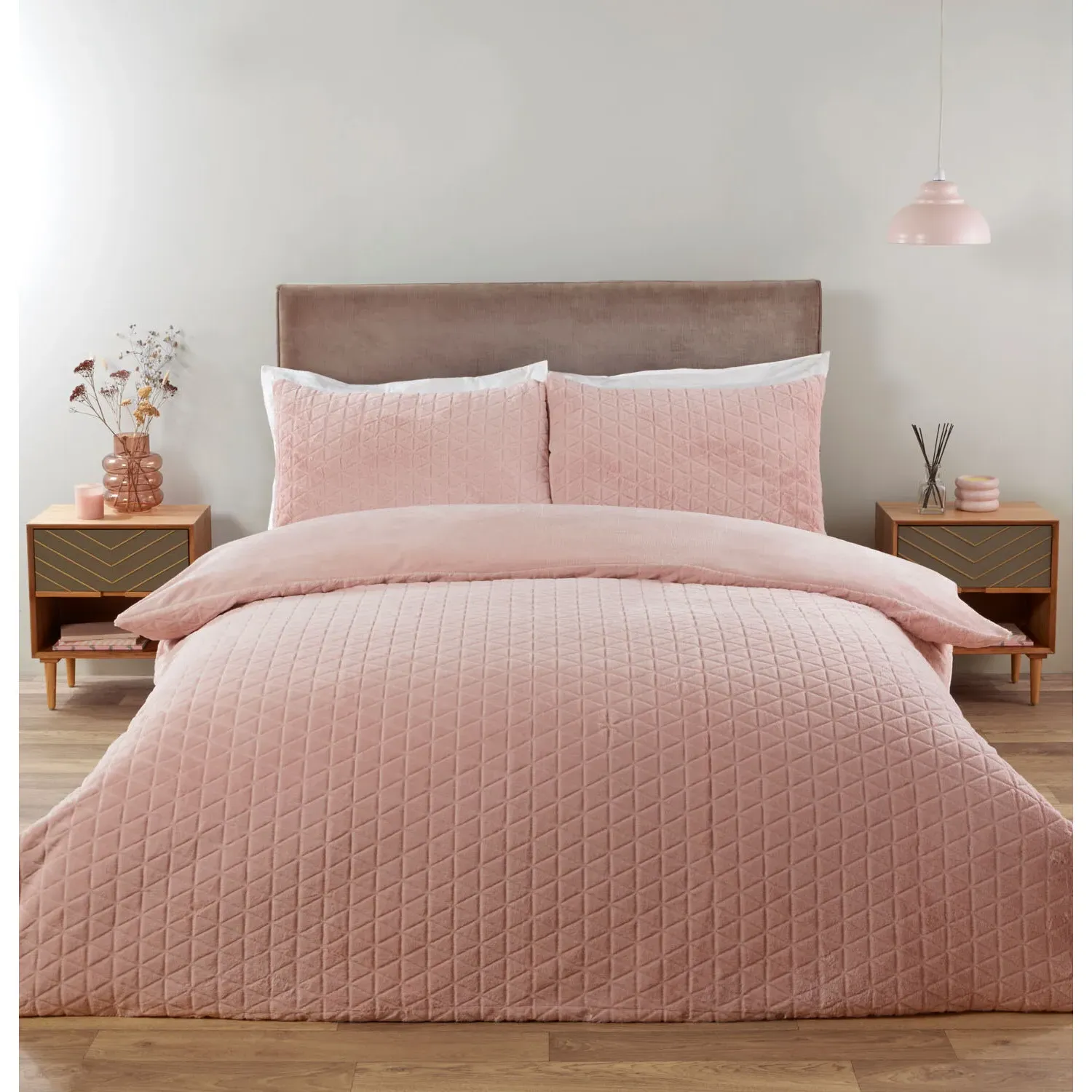 Geo Faux Fur Double Duvet Cover and Pillowcase Set - Blush