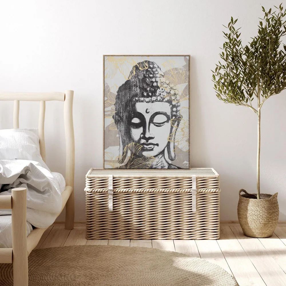 Gold Foiled Buddha Framed Canvas - Black and White