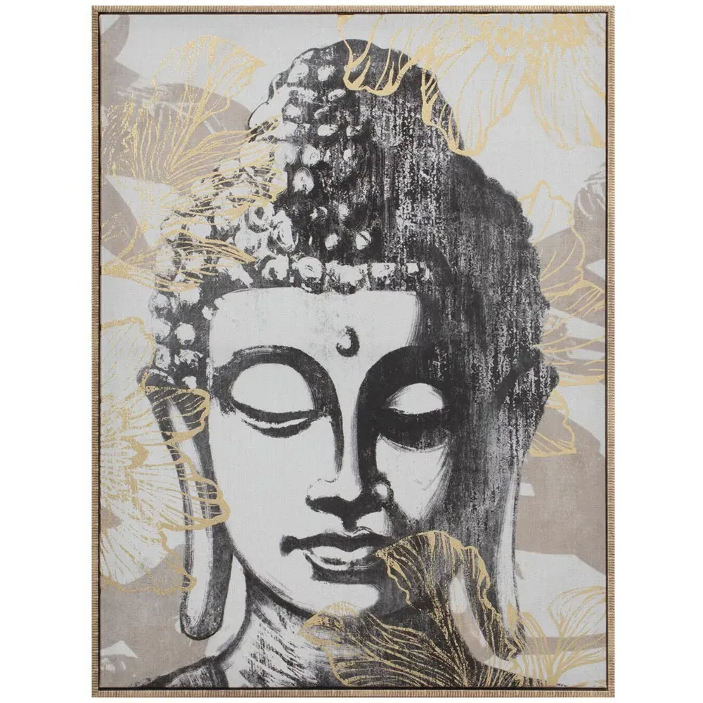 Gold Foiled Buddha Framed Canvas - Black and White image