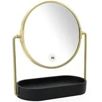 Gold Round Rotating Cosmetic Mirror with Tray - Black