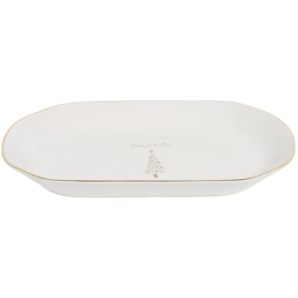 Golden Christmas Tree Oval Platter - White, Gold