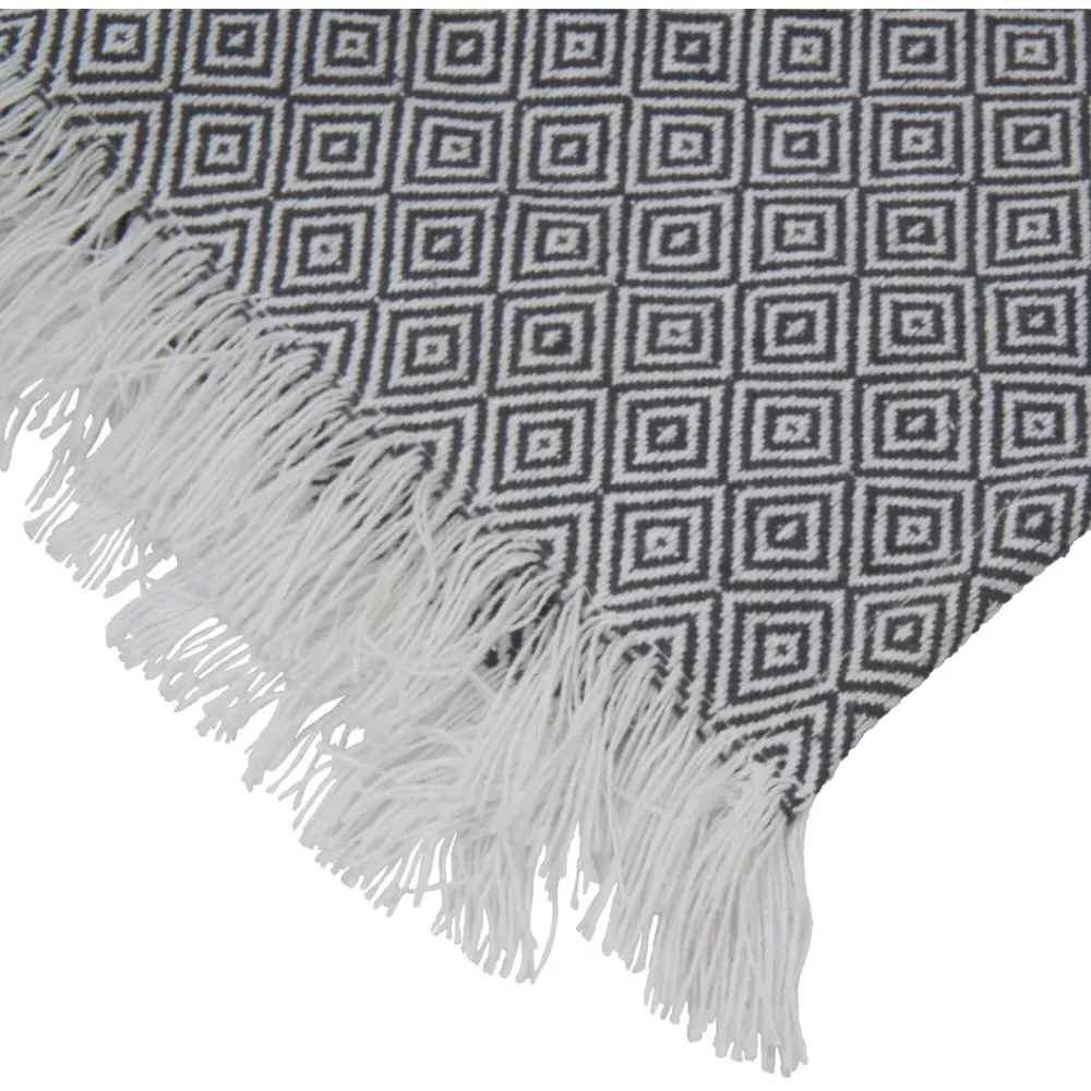 Goose Eye Table Runner with Fringe - Grey & White image