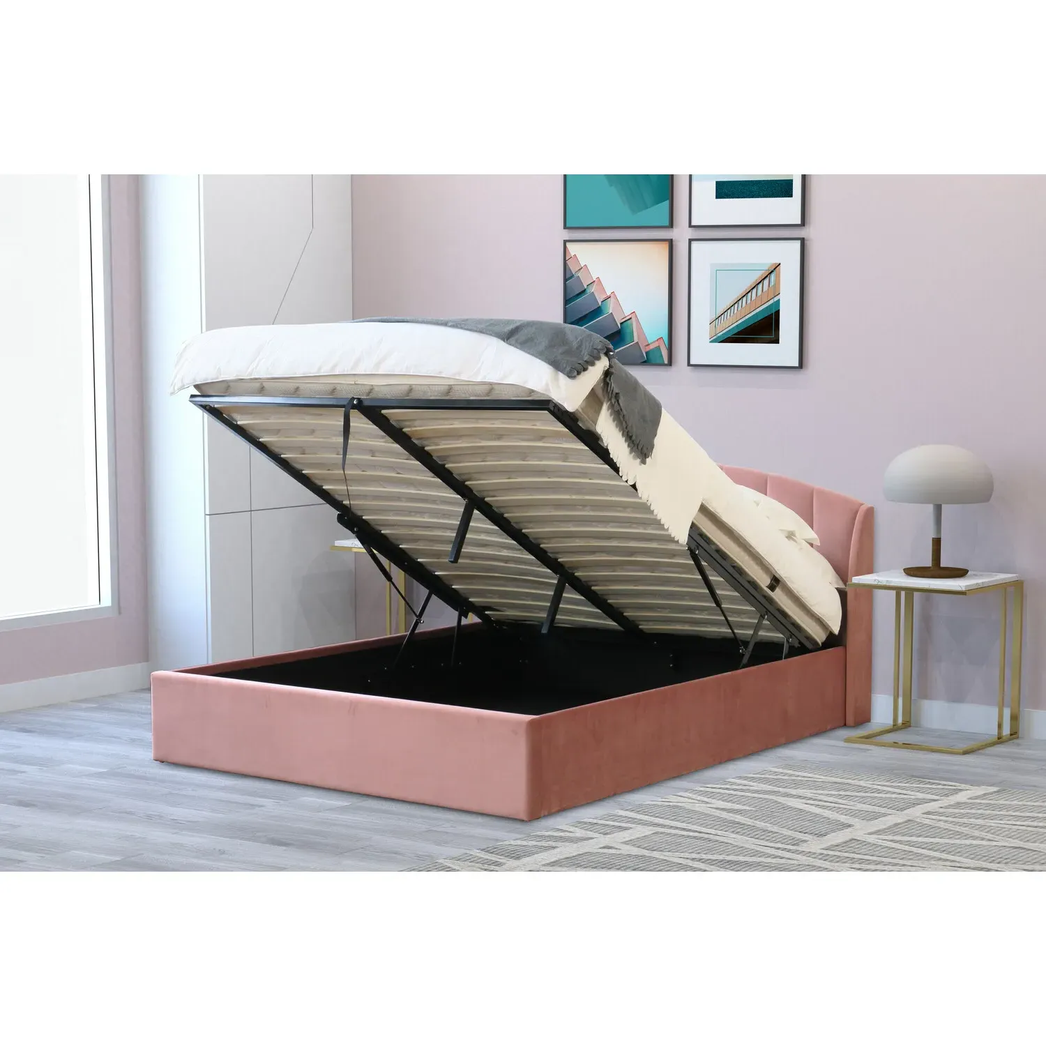 Grace King Size Ottoman Bed with Storage - Pink, Velvet