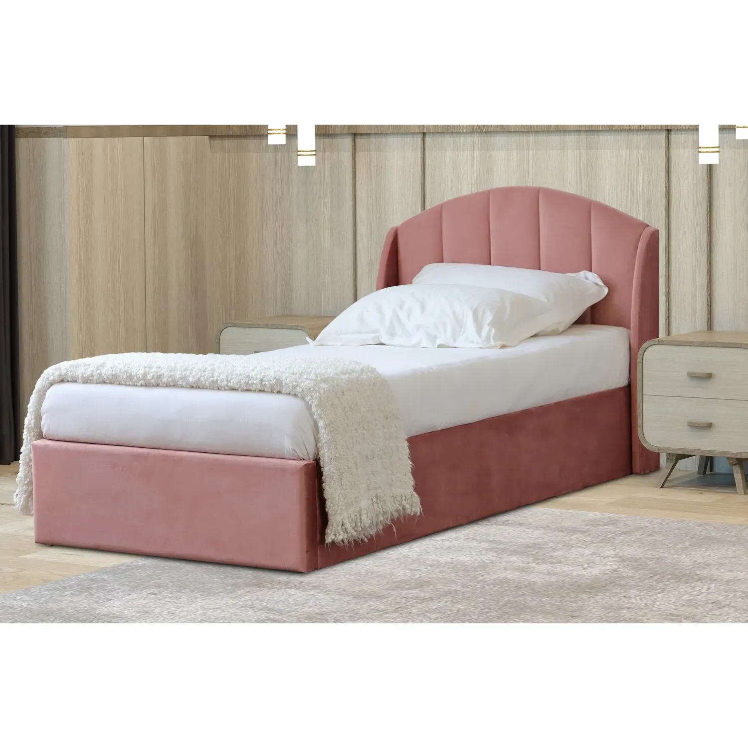 Grace Single Ottoman Bed with Storage - Pink, Velvet
