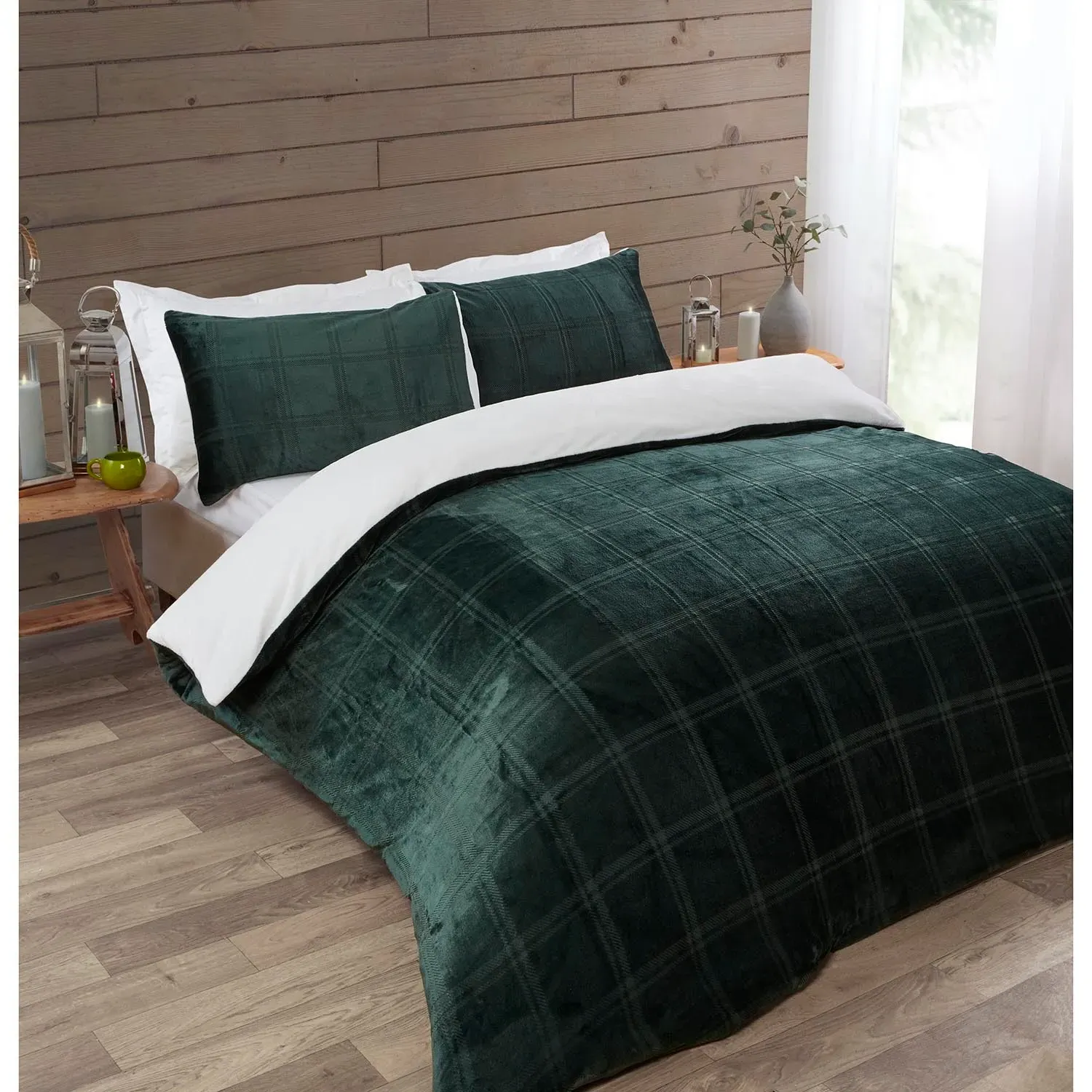 Halston Double Check Fleece Duvet Cover Set - Green