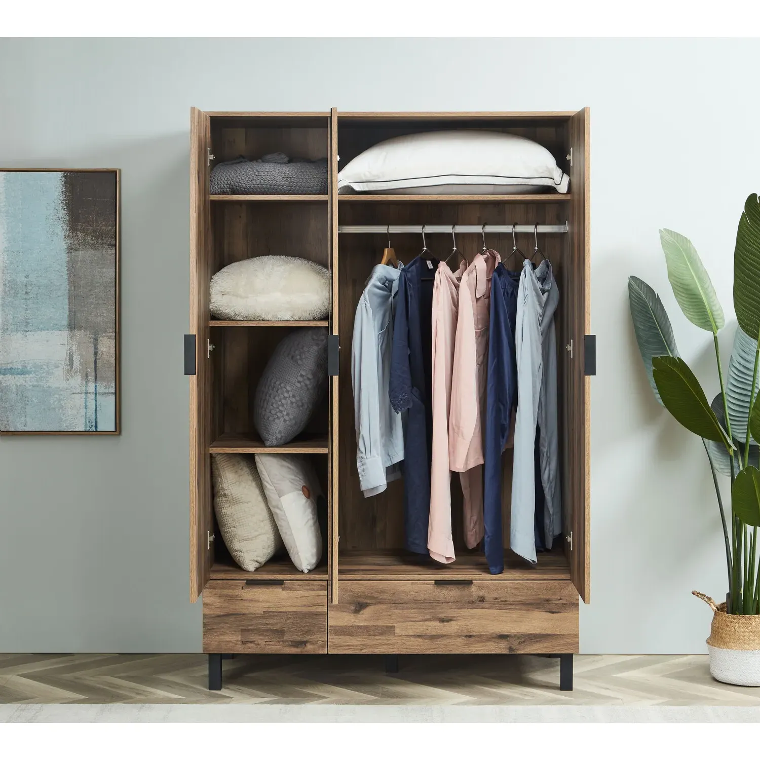 Hampshire 3 Door 2 Drawer Mirror Wardrobe - Brown, Oak