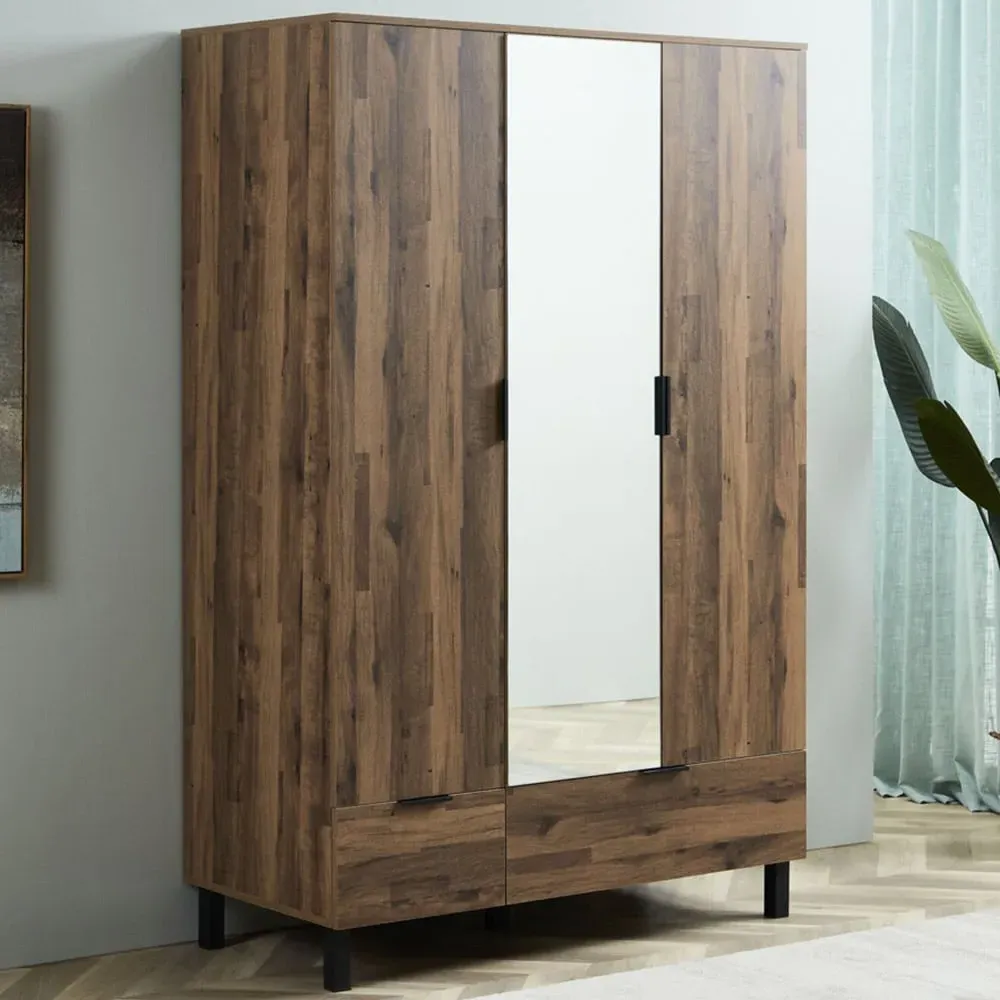 Hampshire 3 Door 2 Drawer Mirror Wardrobe - Brown, Oak